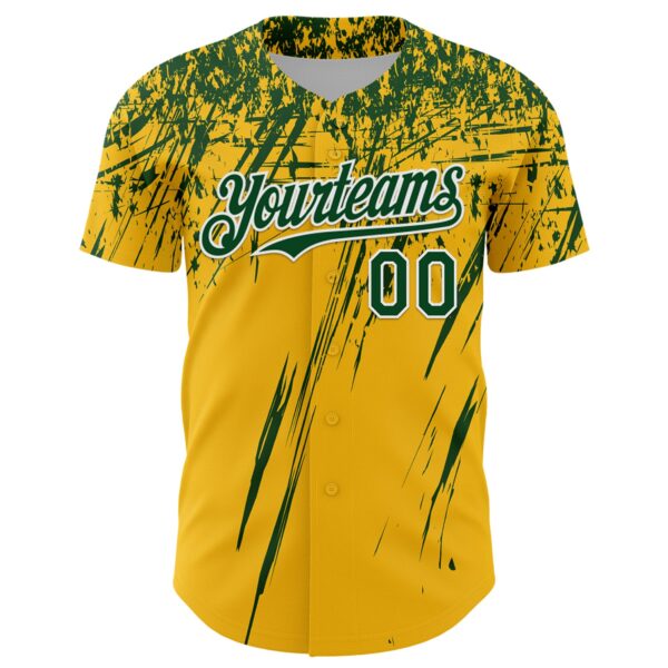 Custom Gold Green-White Distressed Scratch Brush Stroke Authentic Baseball Jersey