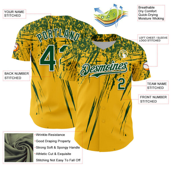 Custom Gold Green-White Distressed Scratch Brush Stroke Authentic Baseball Jersey