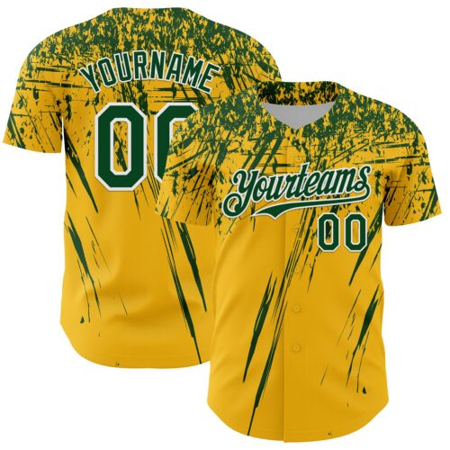 Custom Gold Green-White Distressed Scratch Brush Stroke Authentic Baseball Jersey