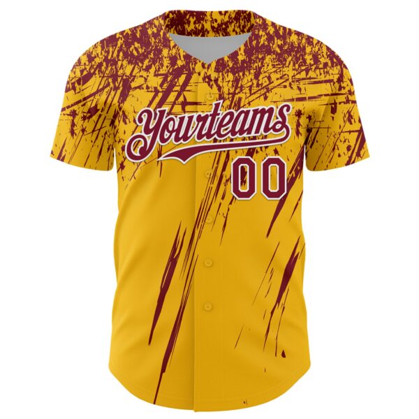 Custom Gold Crimson-White Distressed Scratch Brush Stroke Authentic Baseball Jersey