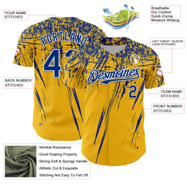 Custom Gold Royal-White Distressed Scratch Brush Stroke Authentic Baseball Jersey