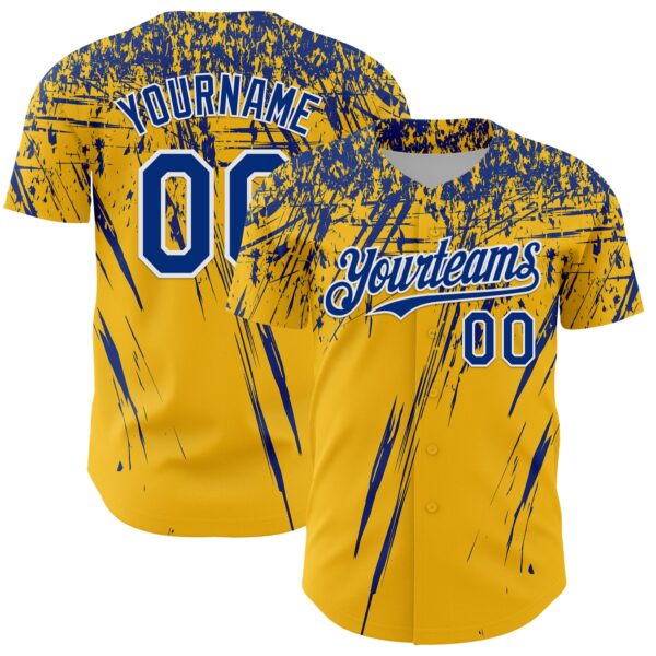 Custom Gold Royal-White Distressed Scratch Brush Stroke Authentic Baseball Jersey