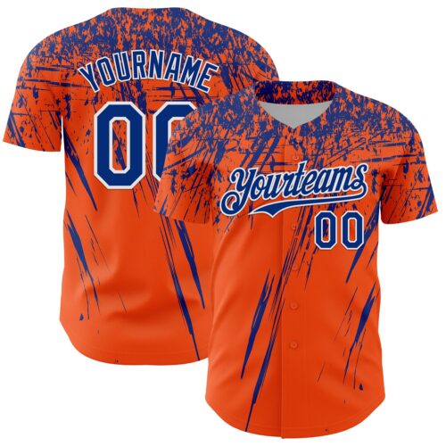 Custom Orange Royal-White Distressed Scratch Brush Stroke Authentic Baseball Jersey