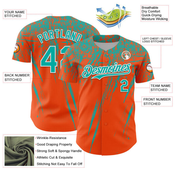 Custom Orange Aqua-White Distressed Scratch Brush Stroke Authentic Baseball Jersey