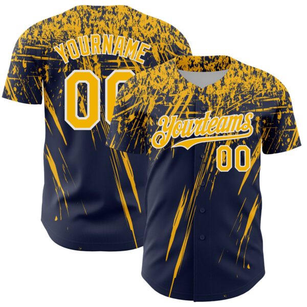 Custom Navy Gold-White Distressed Scratch Brush Stroke Authentic Baseball Jersey