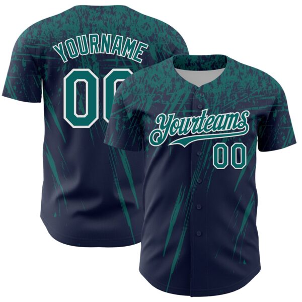 Custom Navy Teal-White Distressed Scratch Brush Stroke Authentic Baseball Jersey