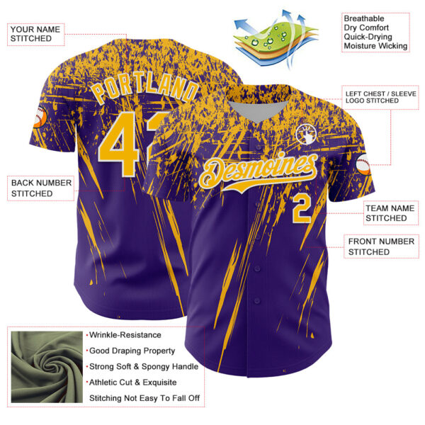 Custom Purple Gold-White Distressed Scratch Brush Stroke Authentic Baseball Jersey