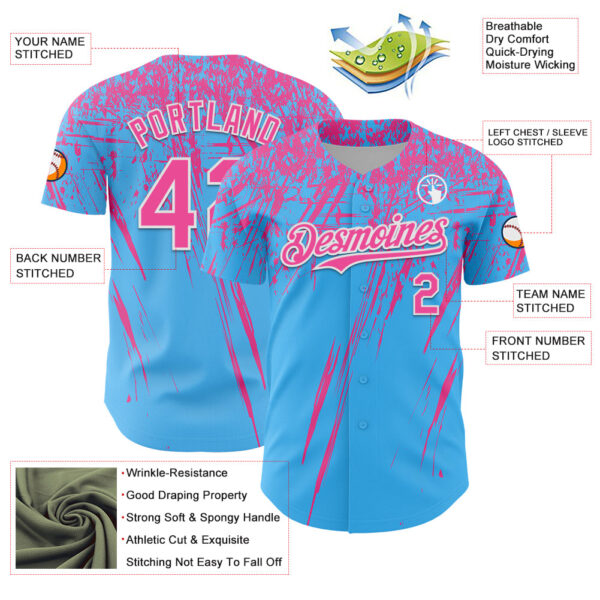 Custom Sky Blue Pink-White Distressed Scratch Brush Stroke Authentic Baseball Jersey