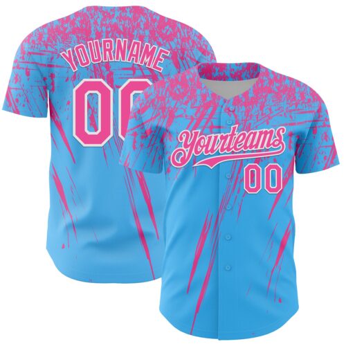 3DPattern13592 Custom Sky Blue Pink-White Distressed Scratch Brush Stroke Authentic Baseball Jersey