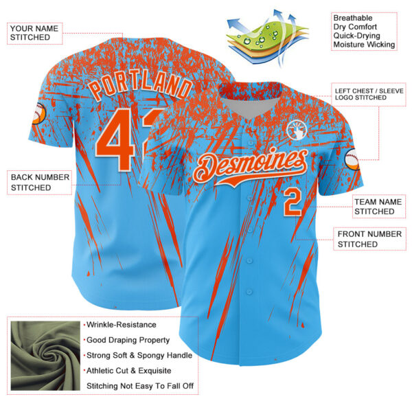 Custom Sky Blue Orange-White Distressed Scratch Brush Stroke Authentic Baseball Jersey