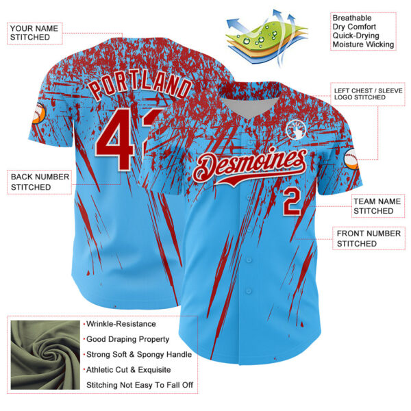 Custom Sky Blue Red-White Distressed Scratch Brush Stroke Authentic Baseball Jersey