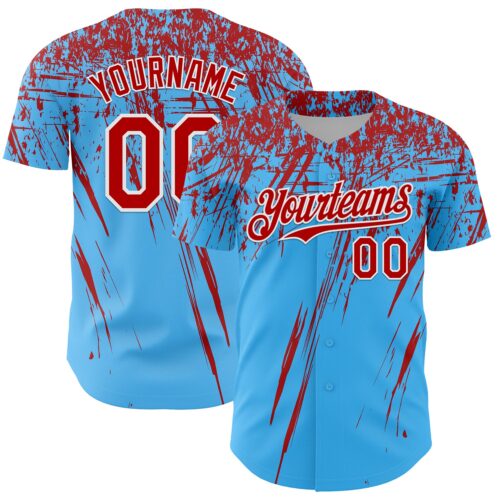 3DPattern13594 Custom Sky Blue Red-White Distressed Scratch Brush Stroke Authentic Baseball Jersey