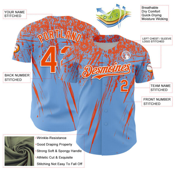 Custom Light Blue Orange-White Distressed Scratch Brush Stroke Authentic Baseball Jersey