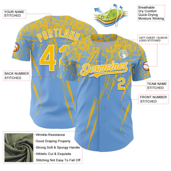 Custom Light Blue Yellow-White Distressed Scratch Brush Stroke Authentic Baseball Jersey