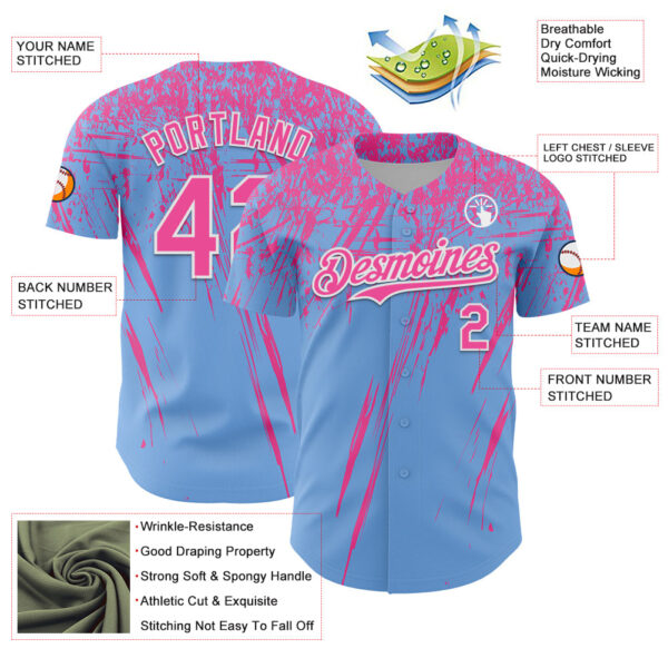 Custom Light Blue Pink-White Distressed Scratch Brush Stroke Authentic Baseball Jersey
