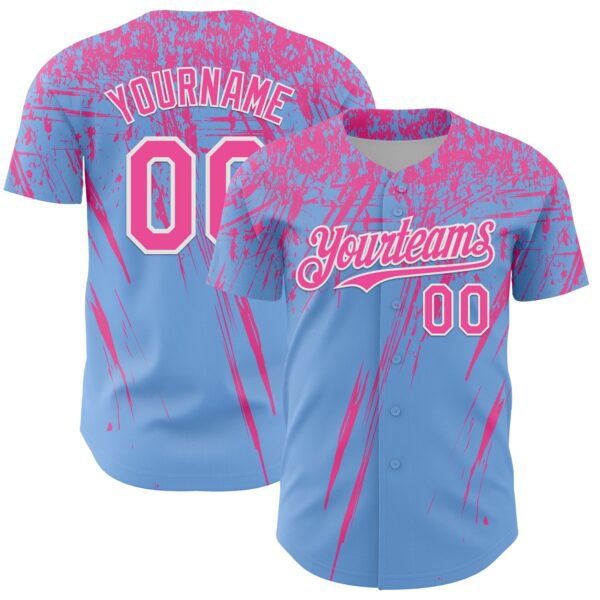 Custom Light Blue Pink-White Distressed Scratch Brush Stroke Authentic Baseball Jersey