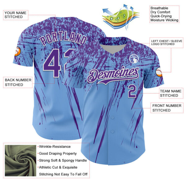 Custom Light Blue Purple-White Distressed Scratch Brush Stroke Authentic Baseball Jersey