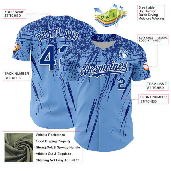 Custom Light Blue Royal-White Distressed Scratch Brush Stroke Authentic Baseball Jersey