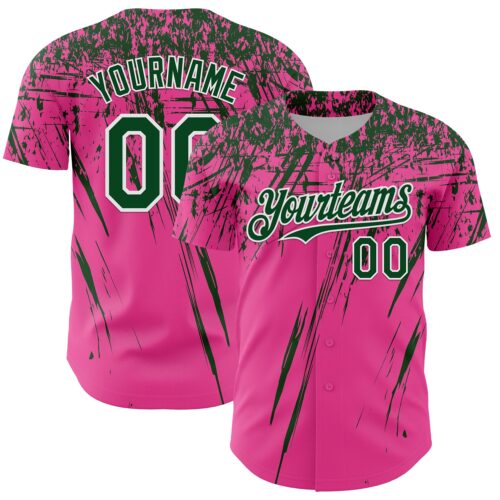 Custom Pink Green-White Distressed Scratch Brush Stroke Authentic Baseball Jersey