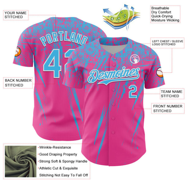 Custom Pink Sky Blue-White Distressed Scratch Brush Stroke Authentic Baseball Jersey