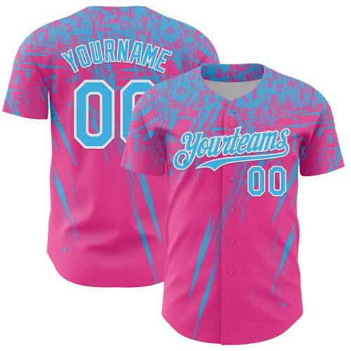 Custom Pink Sky Blue-White Distressed Scratch Brush Stroke Authentic Baseball Jersey