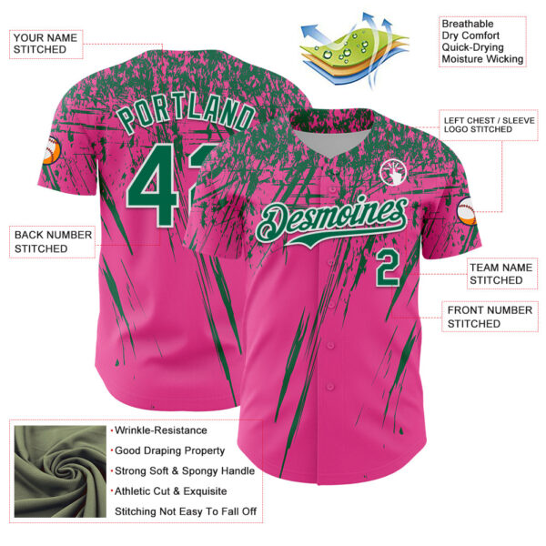 Custom Pink Kelly Green-White Distressed Scratch Brush Stroke Authentic Baseball Jersey