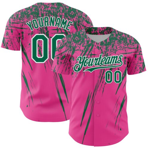 Custom Pink Kelly Green-White Distressed Scratch Brush Stroke Authentic Baseball Jersey