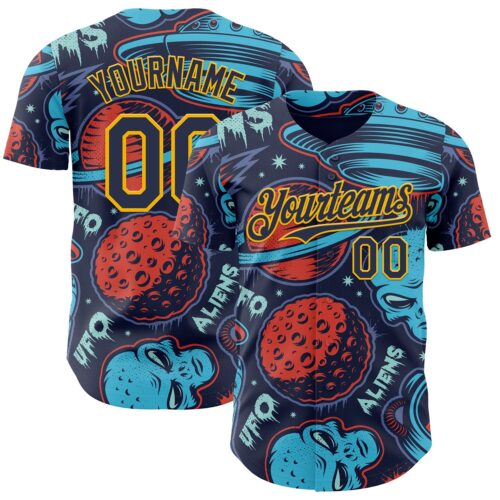 Custom Navy Gold Alien UFO Space Authentic Baseball Jersey