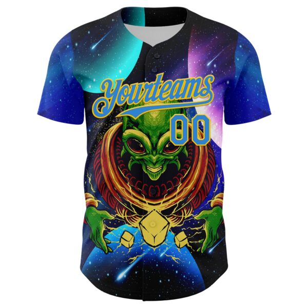 Custom Navy Electric Blue-Yellow Alien UFO Space Galaxy Authentic Baseball Jersey