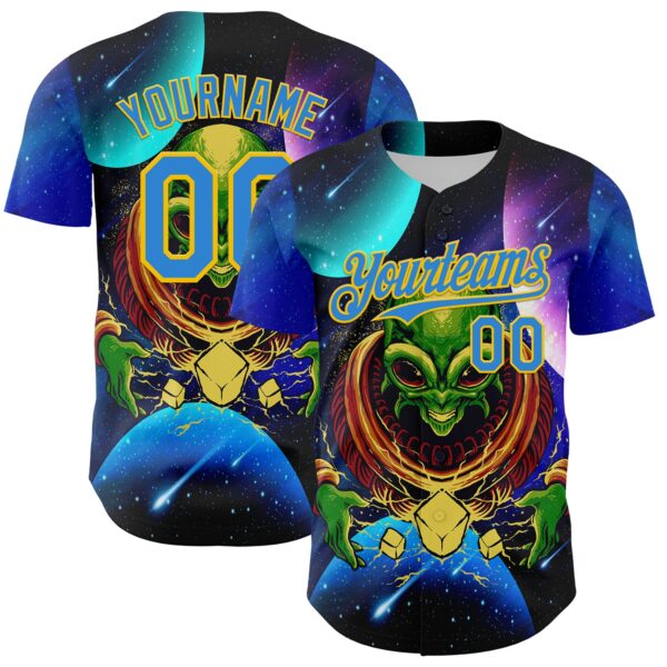 Custom Navy Electric Blue-Yellow Alien UFO Space Galaxy Authentic Baseball Jersey