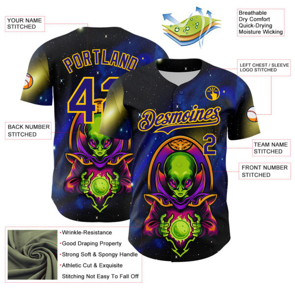 Custom Navy Dark Purple-Yellow Alien UFO Space Galaxy Authentic Baseball Jersey