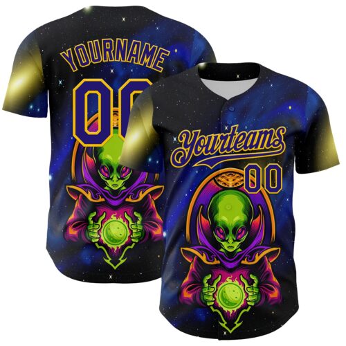 Custom Navy Dark Purple-Yellow Alien UFO Space Galaxy Authentic Baseball Jersey