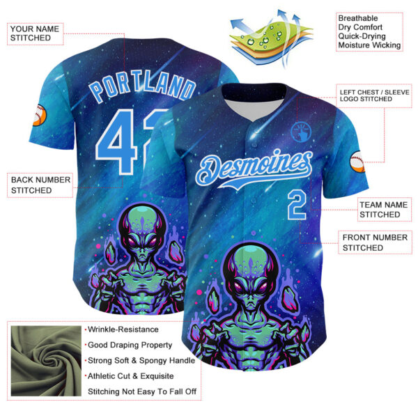 Custom Blue Electric Blue-White Alien UFO Space Galaxy Authentic Baseball Jersey
