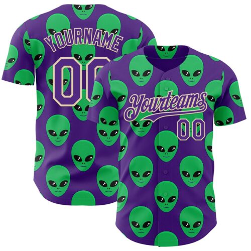 Custom Purple Green-Cream Cartoon Alien Authentic Baseball Jersey