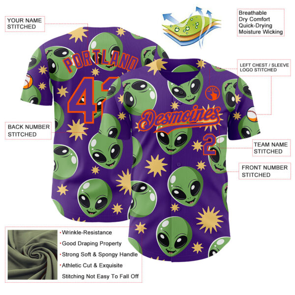 Custom Purple Green-Orange Cartoon Alien Authentic Baseball Jersey