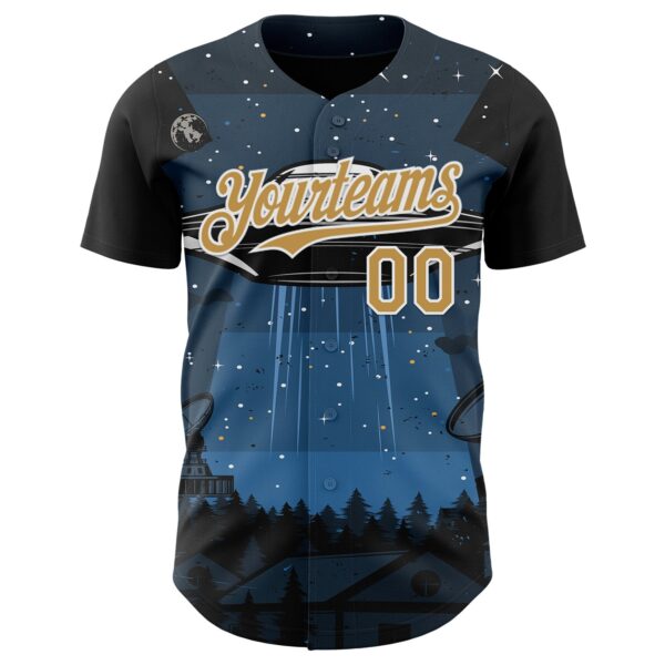 Custom Blue Old Gold Black-White Alien UFO Galaxy Authentic Baseball Jersey