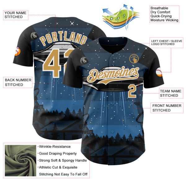 Custom Blue Old Gold Black-White Alien UFO Galaxy Authentic Baseball Jersey