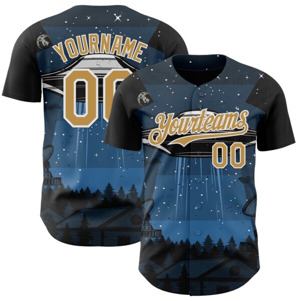 Custom Blue Old Gold Black-White Alien UFO Galaxy Authentic Baseball Jersey