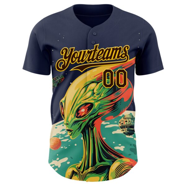 Custom Navy Brown-Gold Alien UFO Psychedelic Galaxy Authentic Baseball Jersey