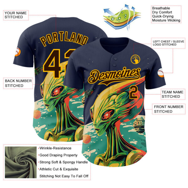Custom Navy Brown-Gold Alien UFO Psychedelic Galaxy Authentic Baseball Jersey