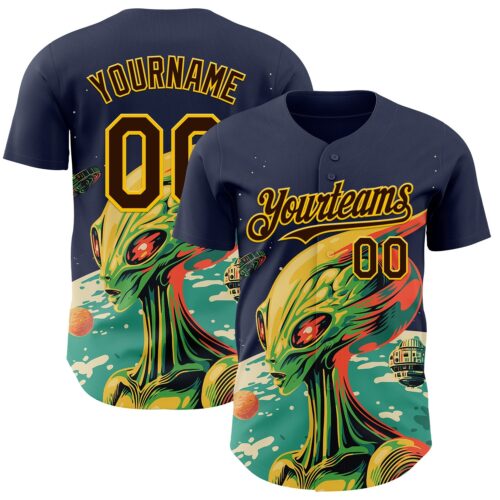 Custom Navy Brown-Gold Alien UFO Psychedelic Galaxy Authentic Baseball Jersey