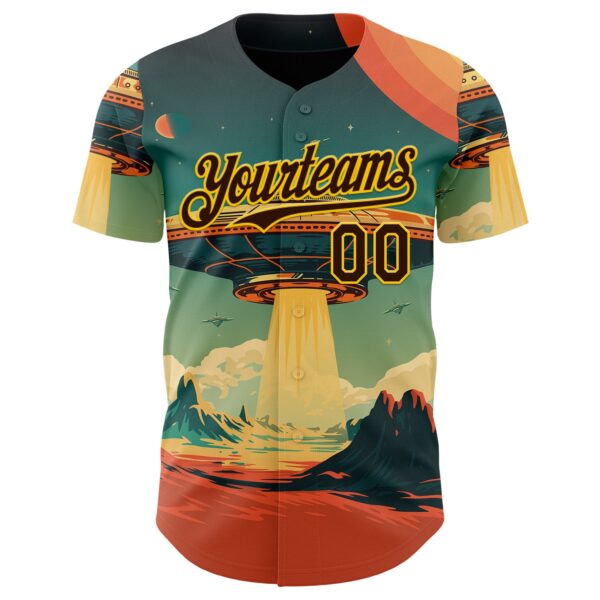 Custom Blue Brown Orange-Gold Alien UFO Galaxy Authentic Baseball Jersey