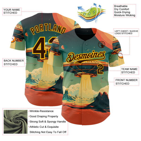 Custom Blue Brown Orange-Gold Alien UFO Galaxy Authentic Baseball Jersey