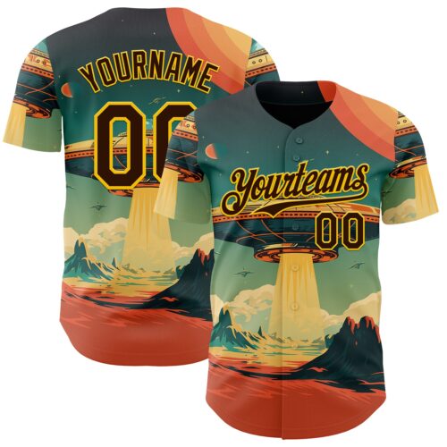 Custom Blue Brown Orange-Gold Alien UFO Galaxy Authentic Baseball Jersey