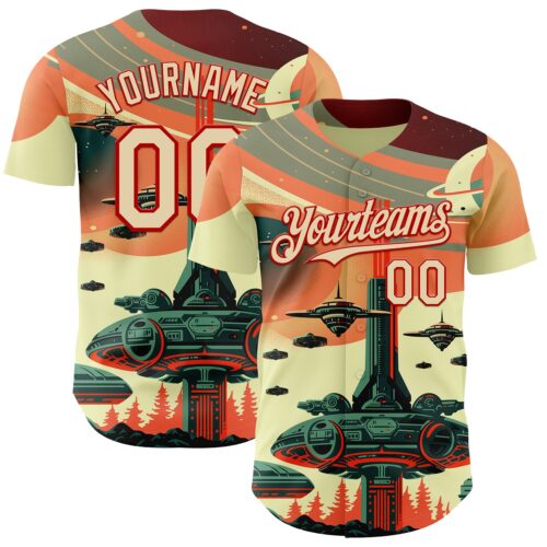 Custom Orange Cream-Red Alien Spaceship Fleet UFO Galaxy Authentic Baseball Jersey