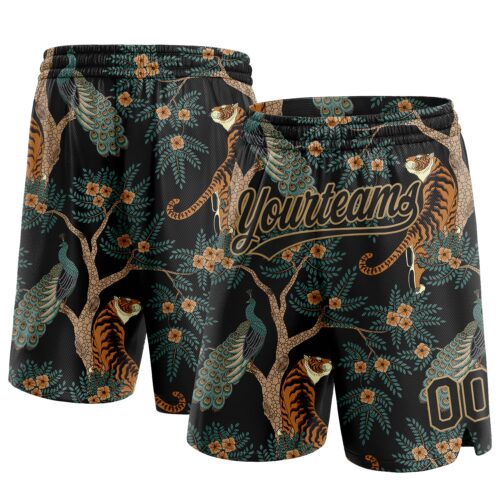 3DPattern1411_adf66c5b-b58a-4f68-bc07-822810d11826 Custom Black Old Gold 3D Pattern 3D Pattern Design Tiger And Peacock Authentic Basketball Shorts