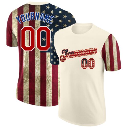 3DPattern1414 Custom Cream Vintage USA Flag-Red 3D American Flag Fashion Performance T-Shirt