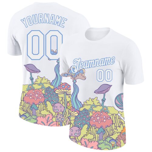 3DPattern1434 Custom White Light Blue 3D Pattern Design Colorful Flowers And Mushrooms Psychedelic Hallucination Performance T-Shirt