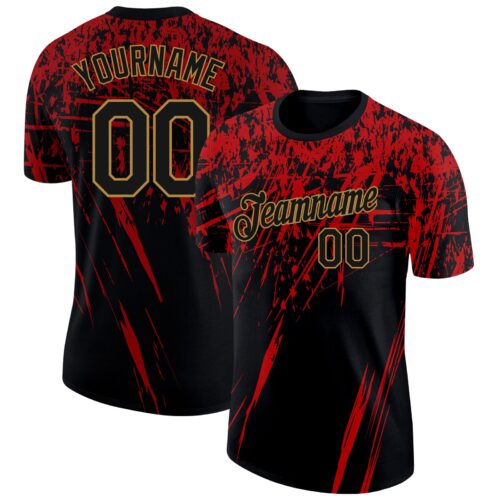 3DPattern1443 Custom Black Red-Old Gold 3D Pattern Design Performance T-Shirt