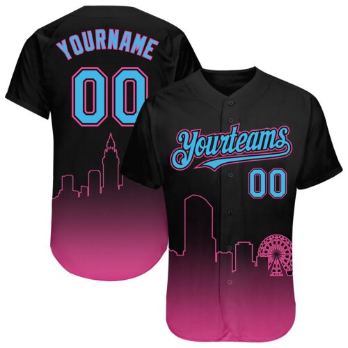 3DPattern1493 Custom Black Sky Blue-Pink 3D Miami City Edition Fade Fashion Authentic Baseball Jersey